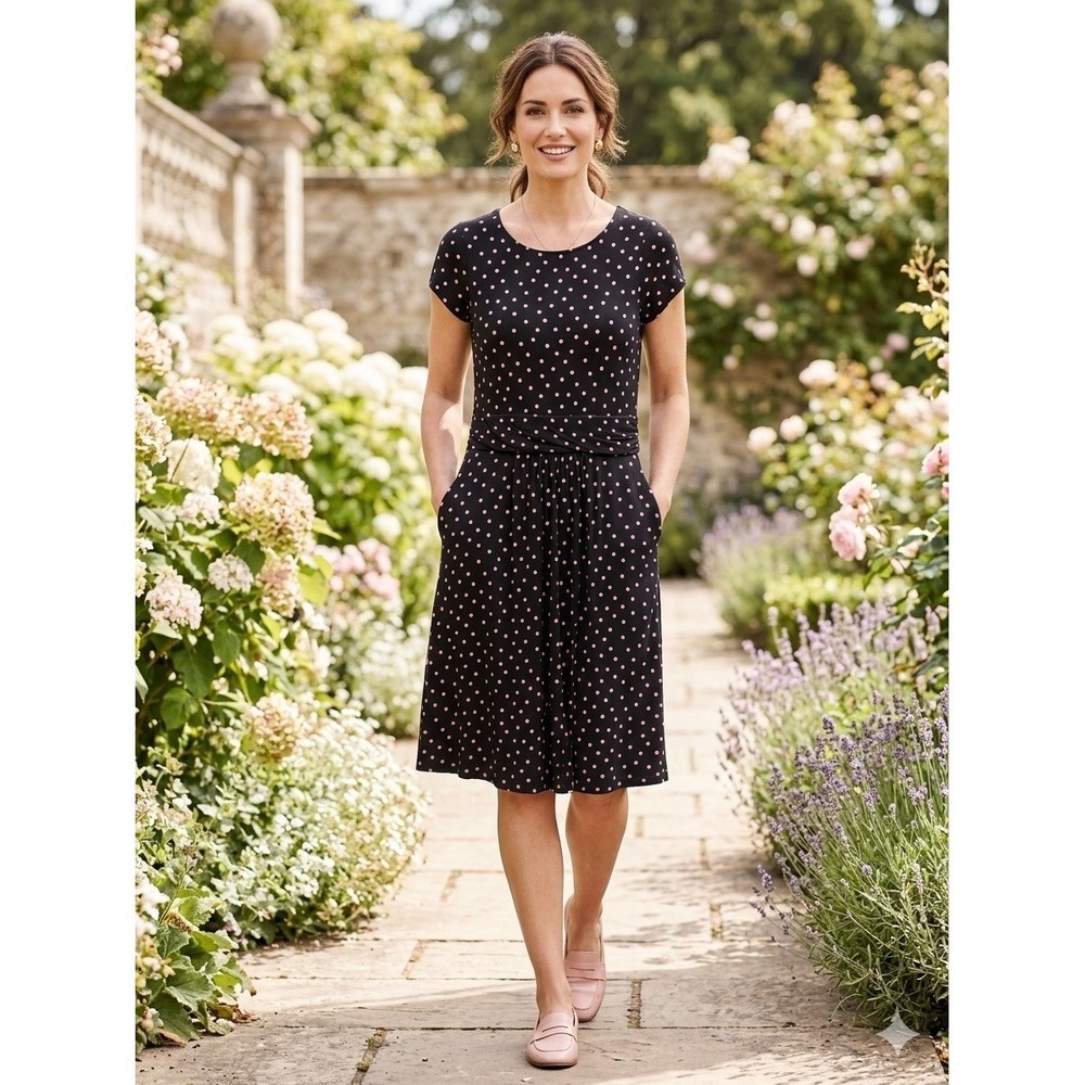Boden Black Pink Polka Dot Jersey Dress US 10R Cap Sleeve Cinched Waist Pockets
